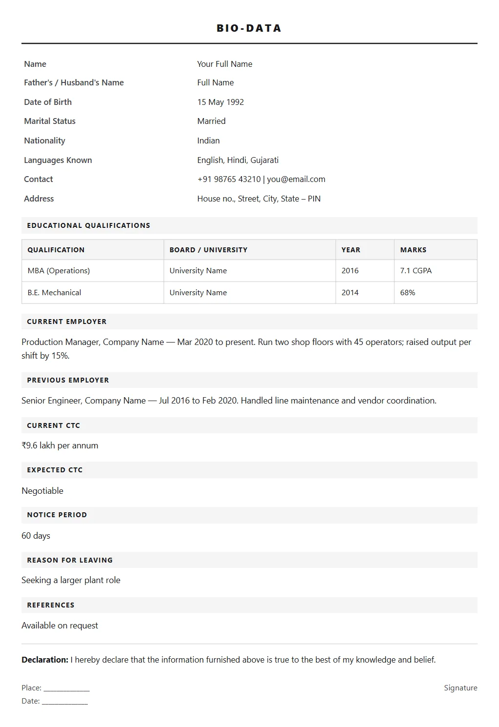 Biodata for Experienced format: filled sample page