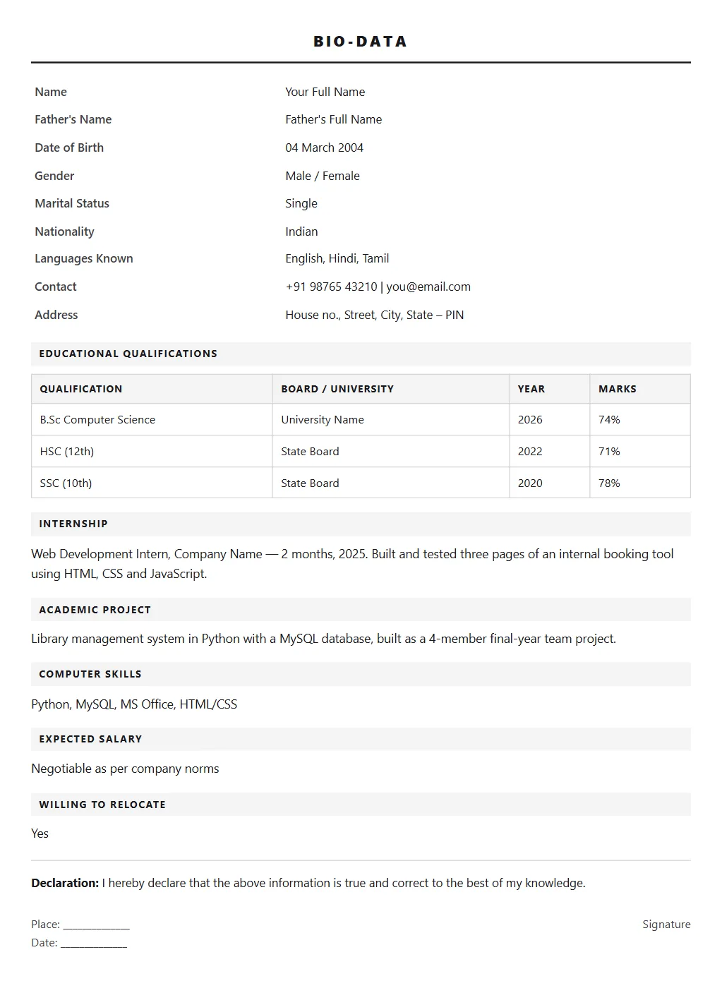 Biodata for Freshers format: filled sample page