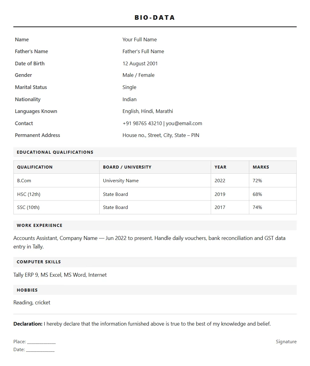 Biodata for Job format: filled sample page