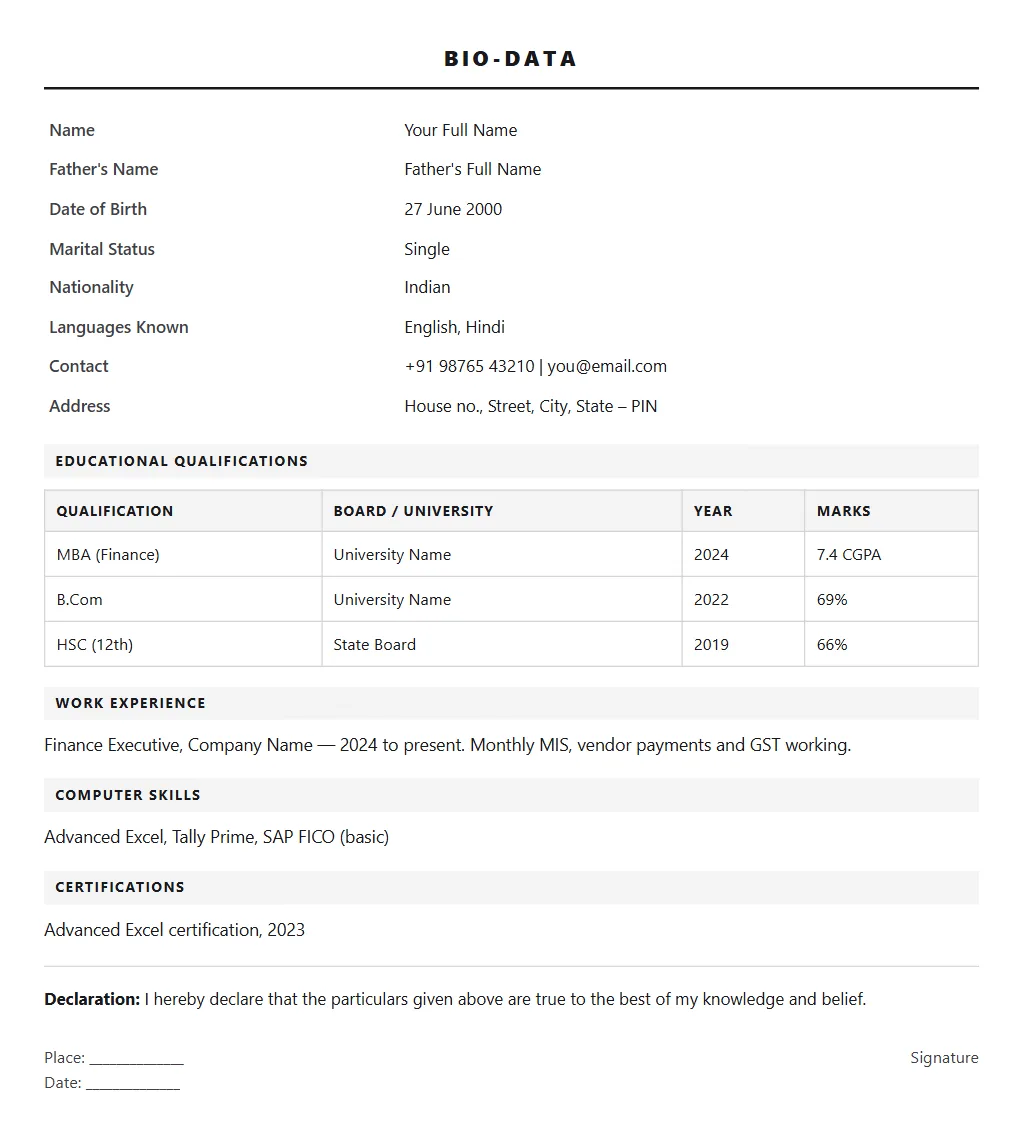 Biodata in Word format: filled sample page