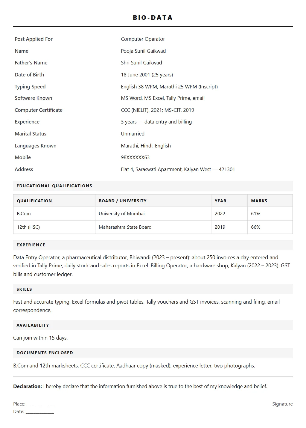 Computer Operator Biodata format: filled sample page