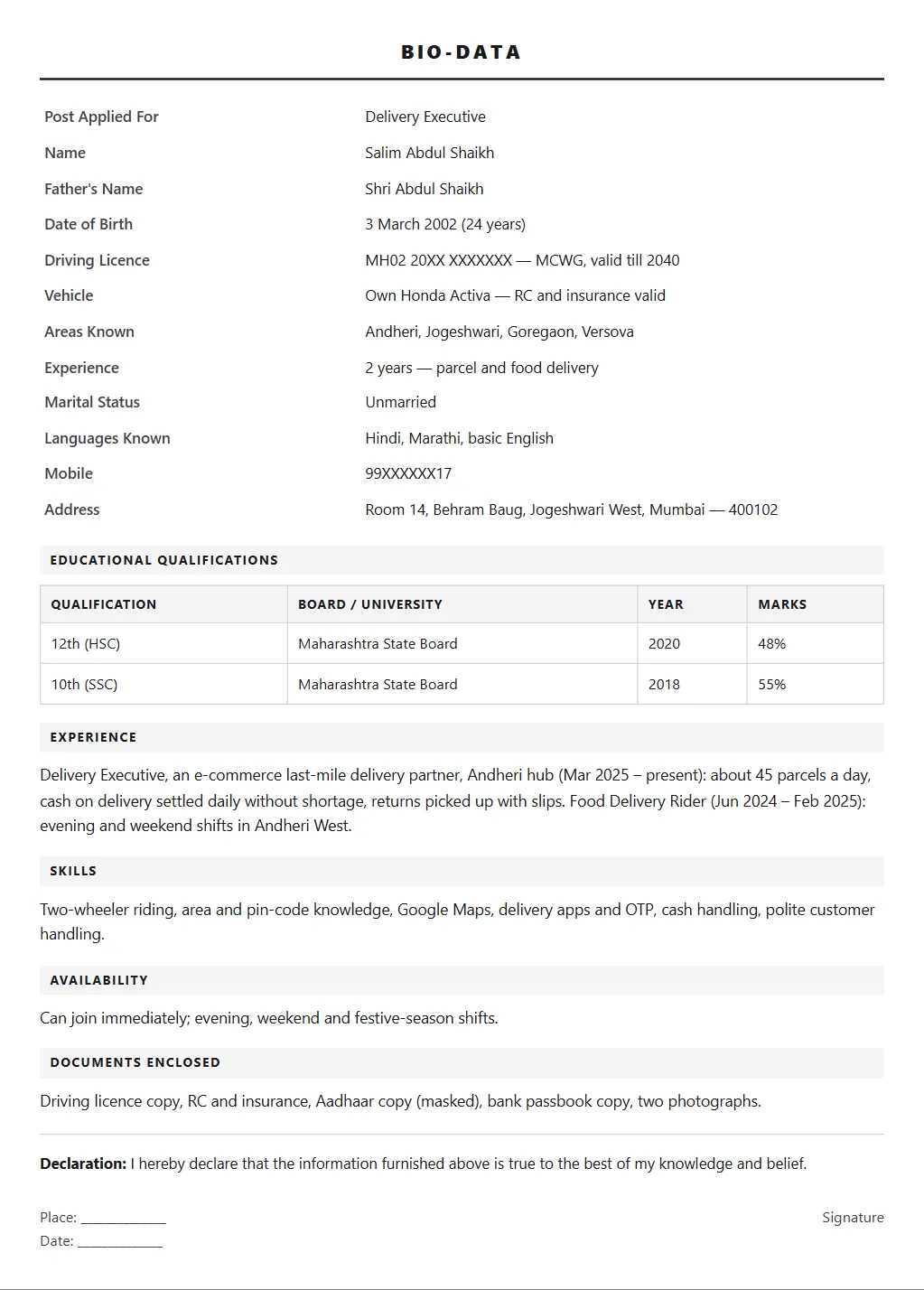 Delivery Boy Biodata format: filled sample page
