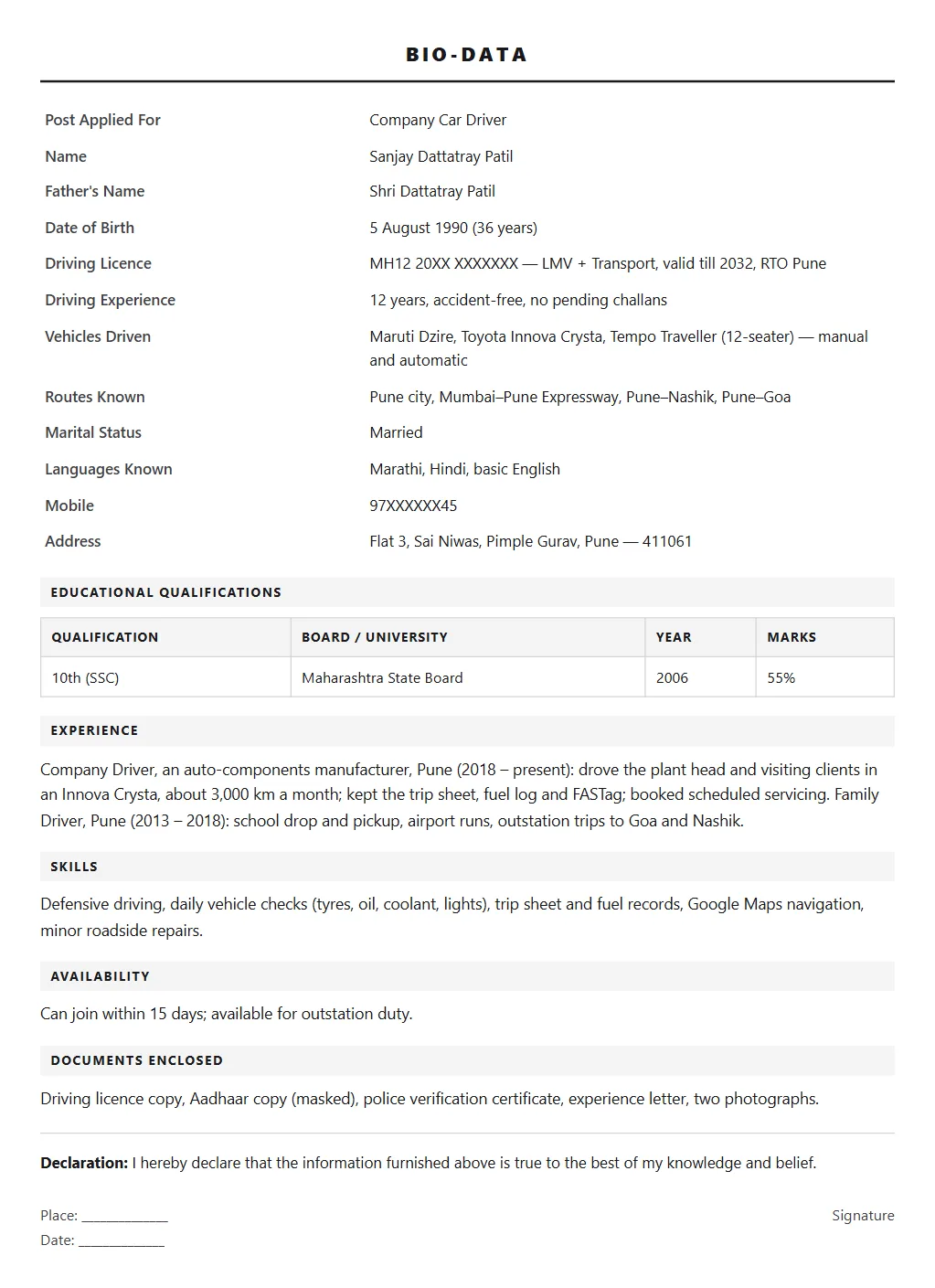 Driver Biodata format — filled sample page