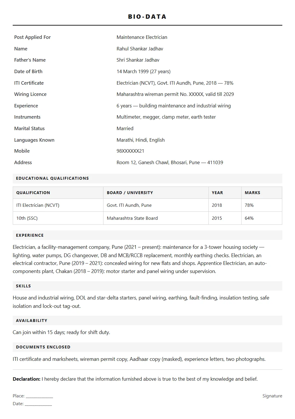 Electrician Biodata format: filled sample page