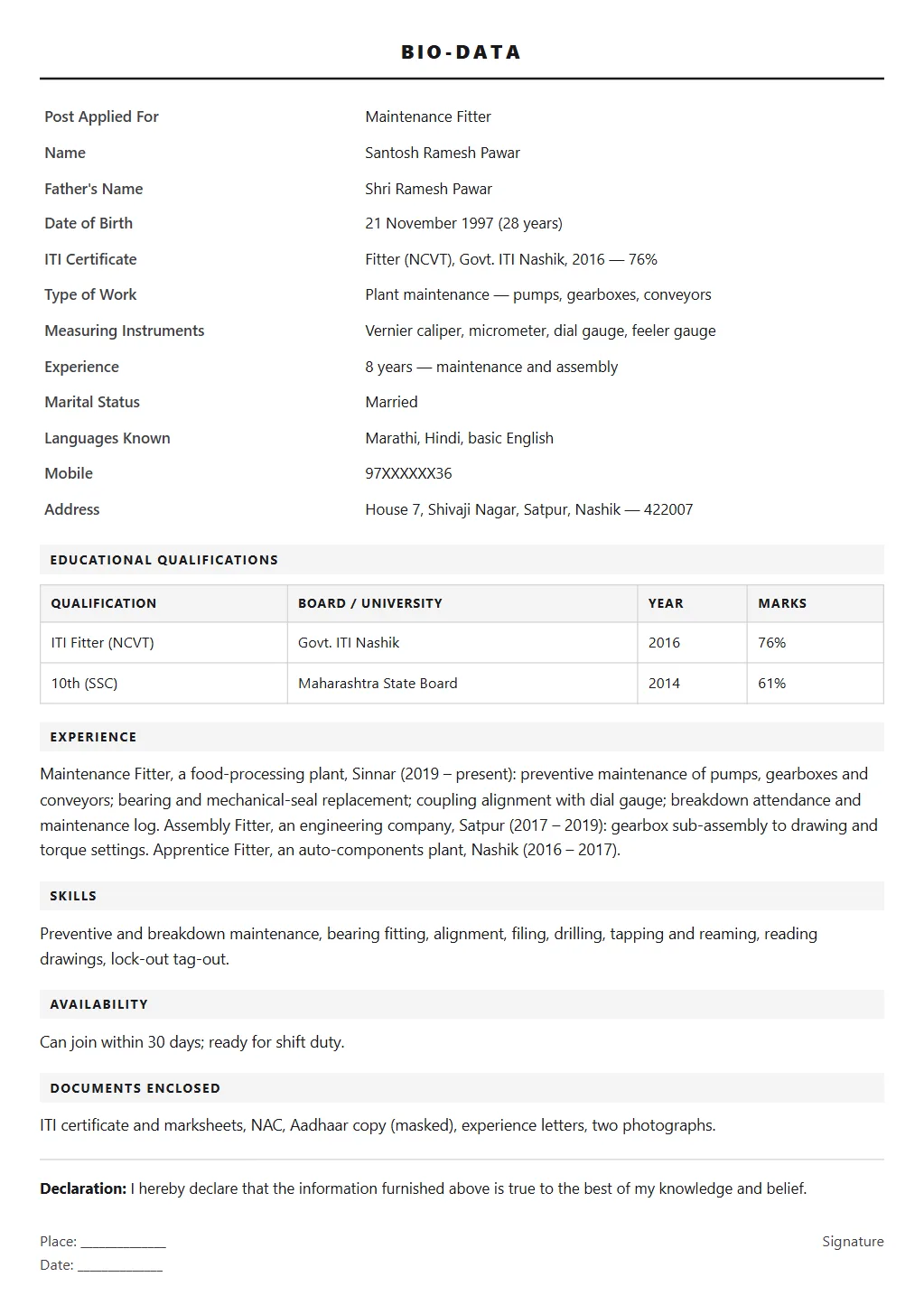 Fitter Biodata format: filled sample page