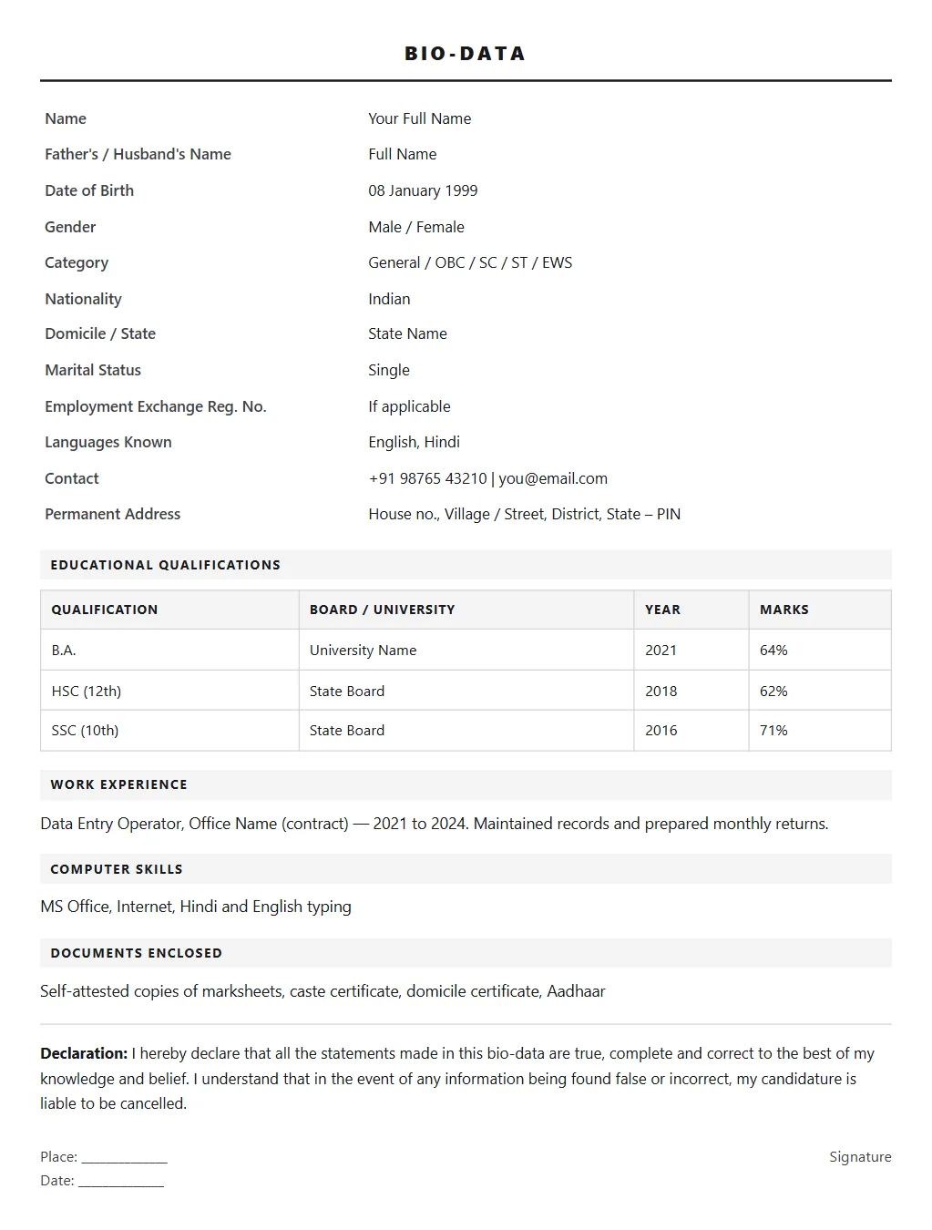 Government Job Biodata format: filled sample page