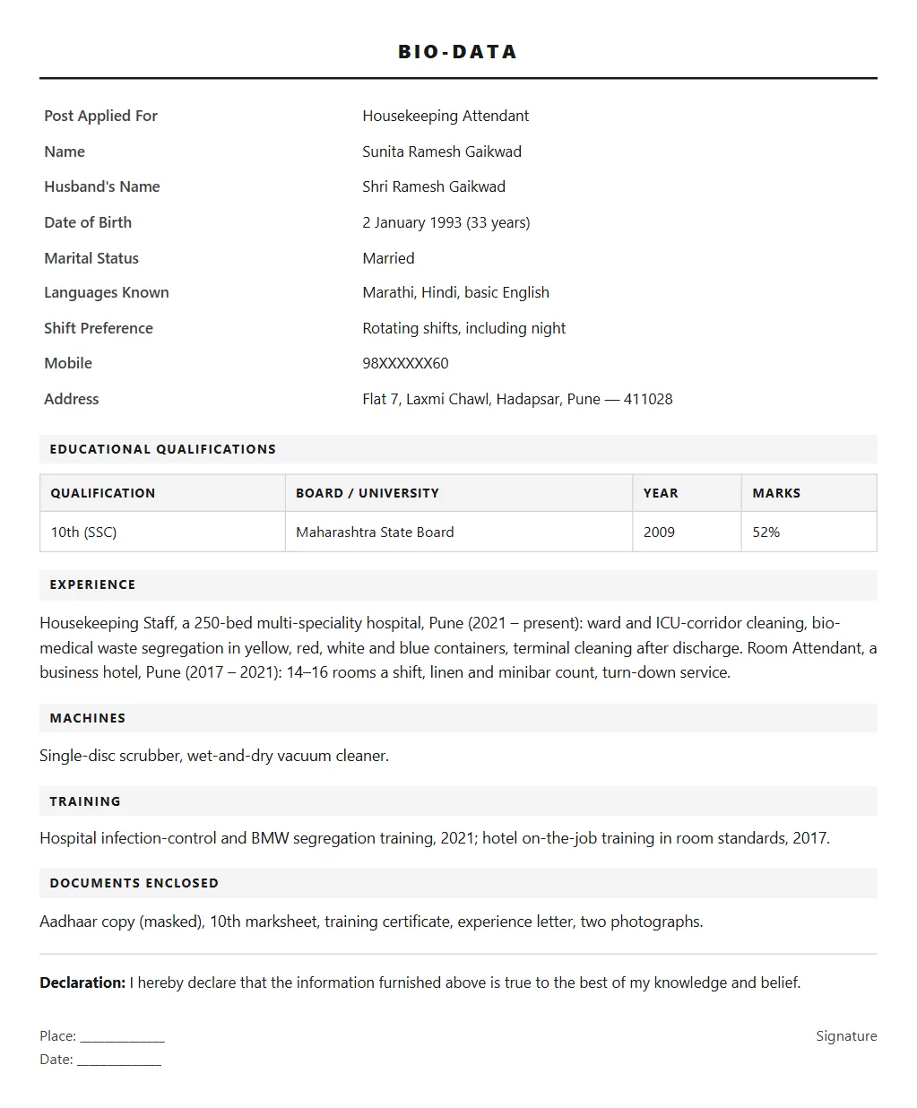 Housekeeping Biodata format — filled sample page
