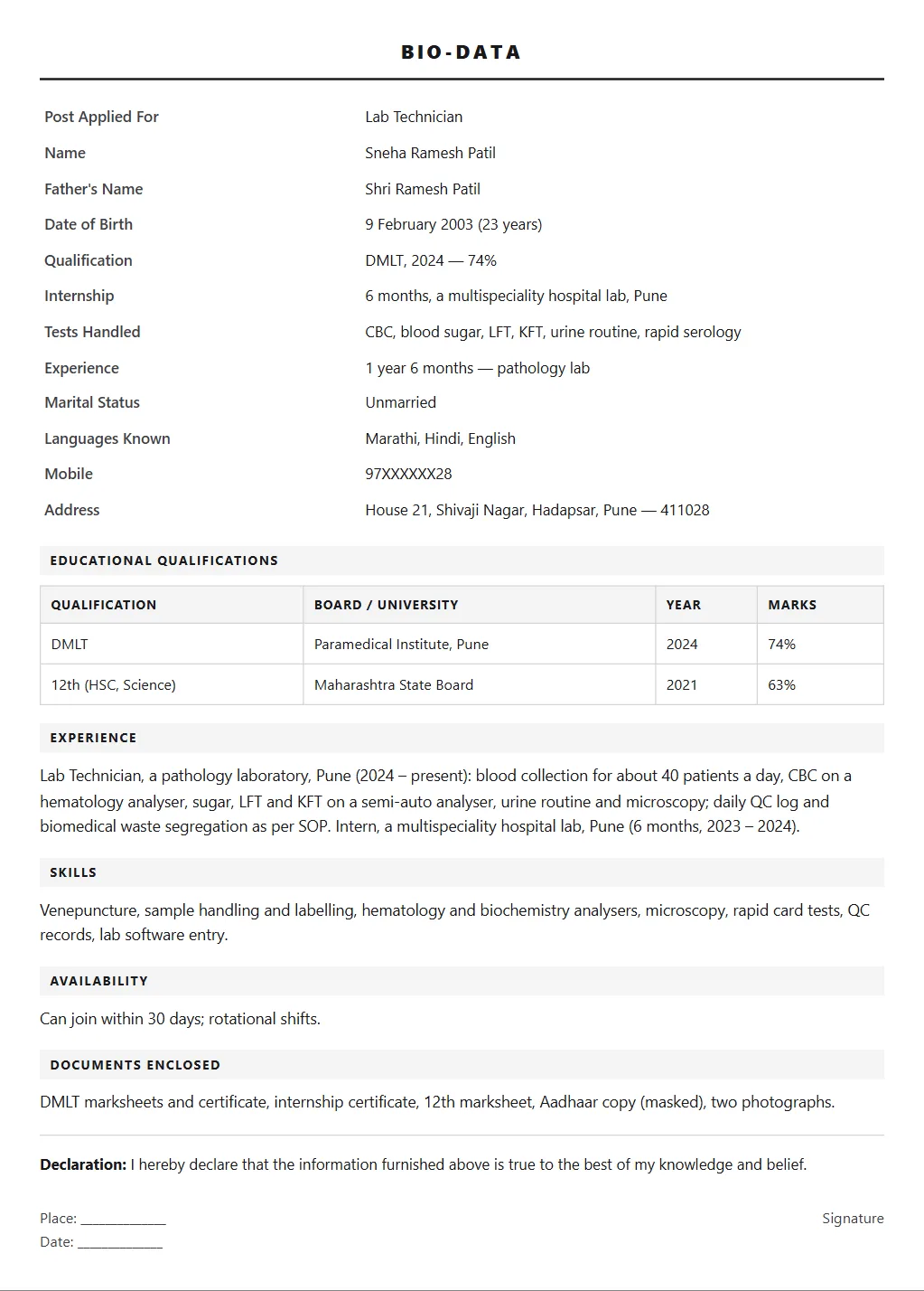Lab Technician Biodata format: filled sample page