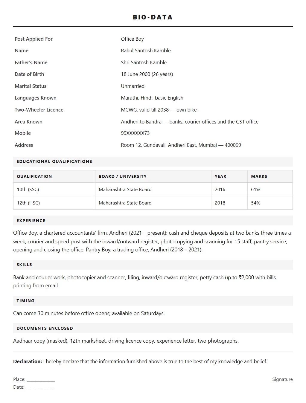 Office Boy Biodata format — filled sample page