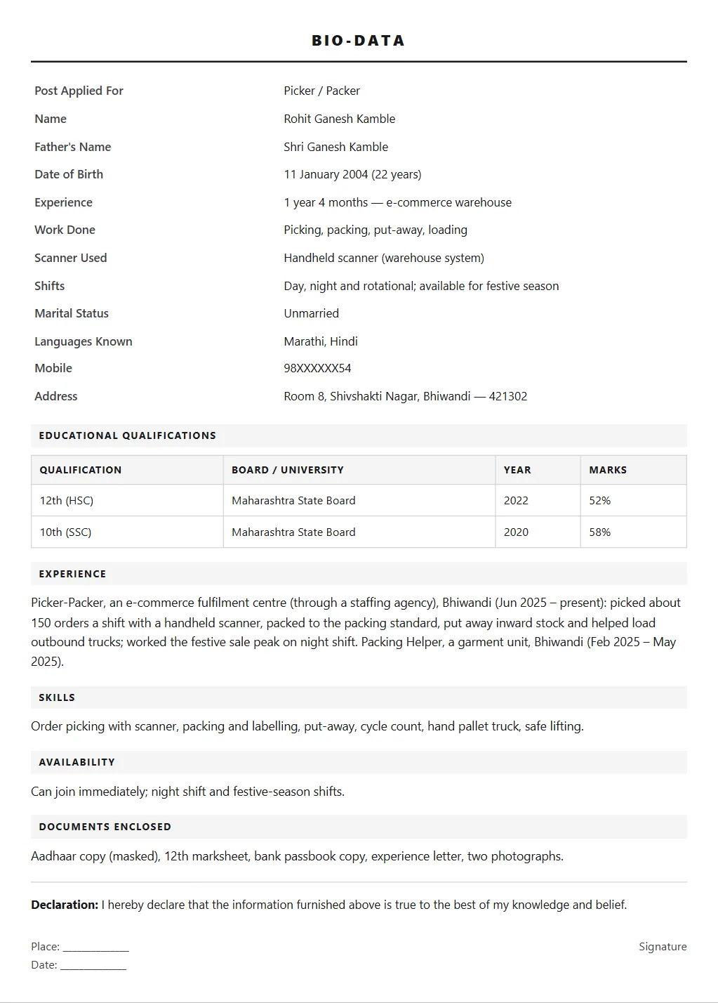 Picker Packer Biodata format: filled sample page