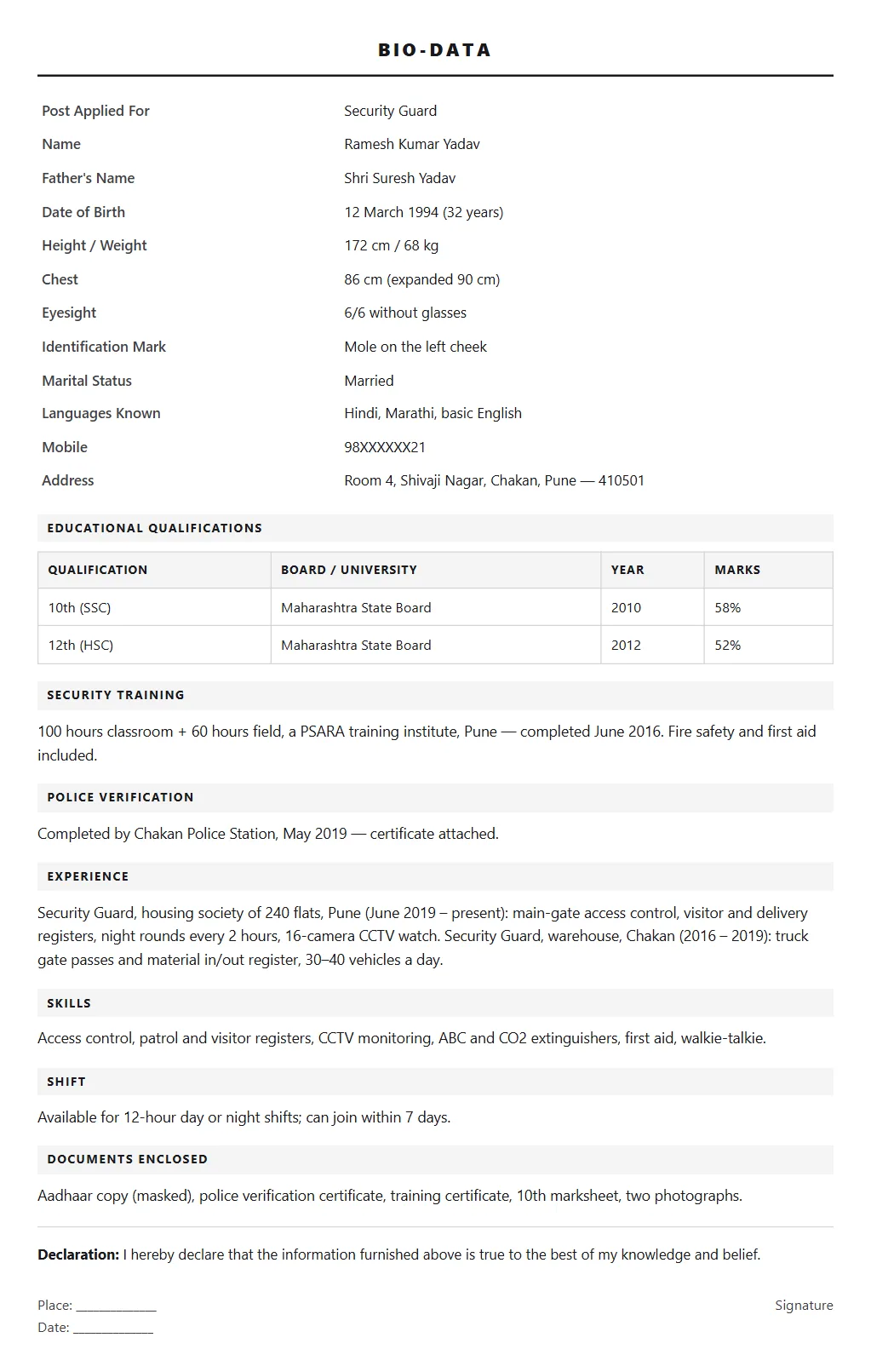 Security Guard Biodata format — filled sample page