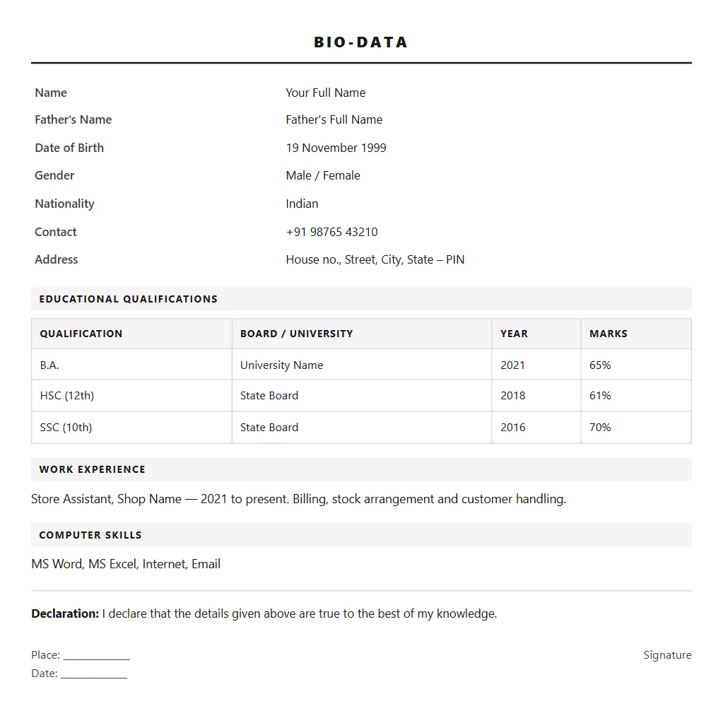 Simple Biodata format: filled sample page