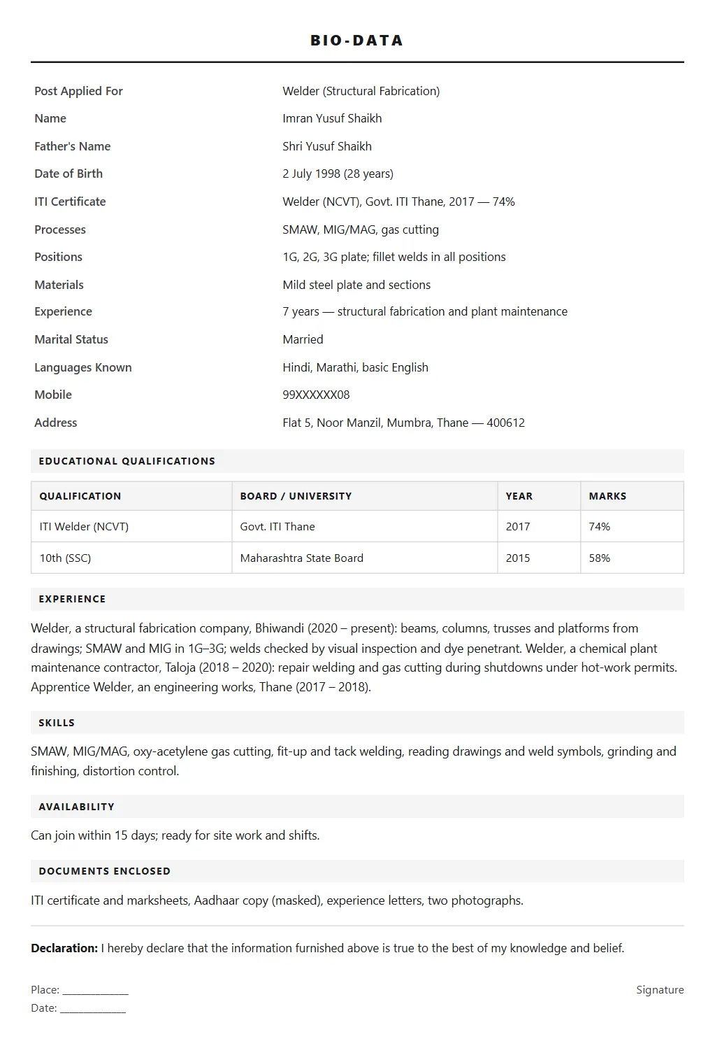 Welder Biodata format: filled sample page