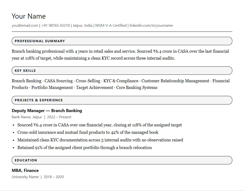 Sample resume for HDFC Bank: filled one-page format