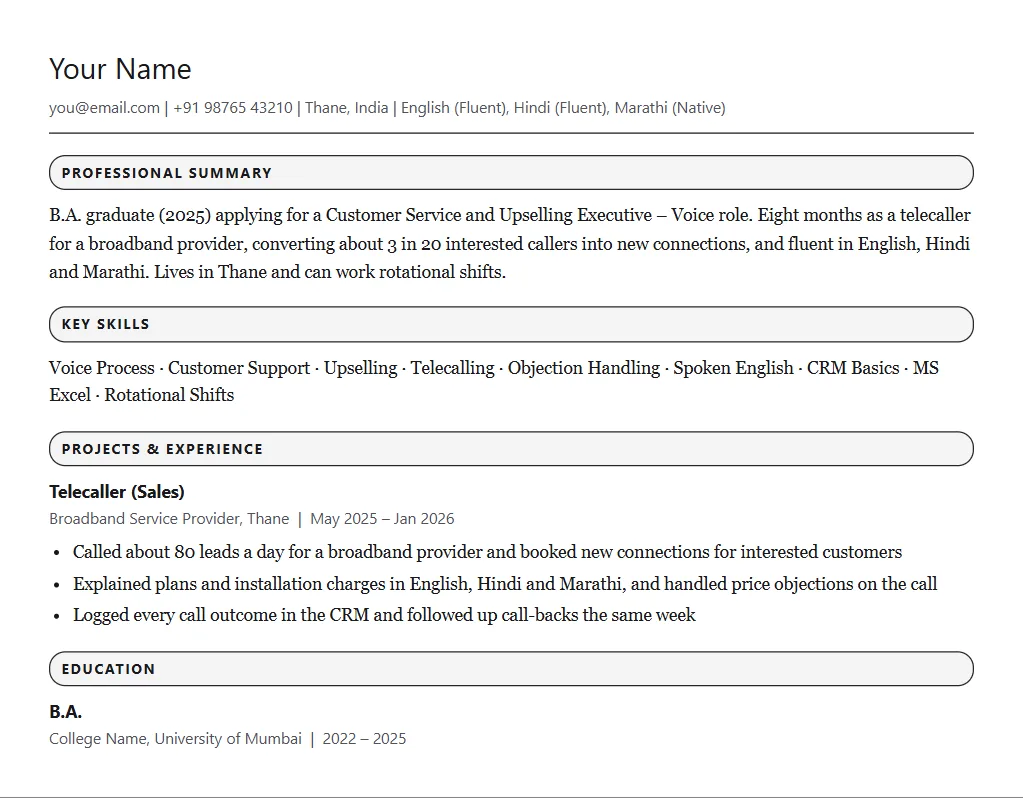 Sample resume for HGS: filled one-page format