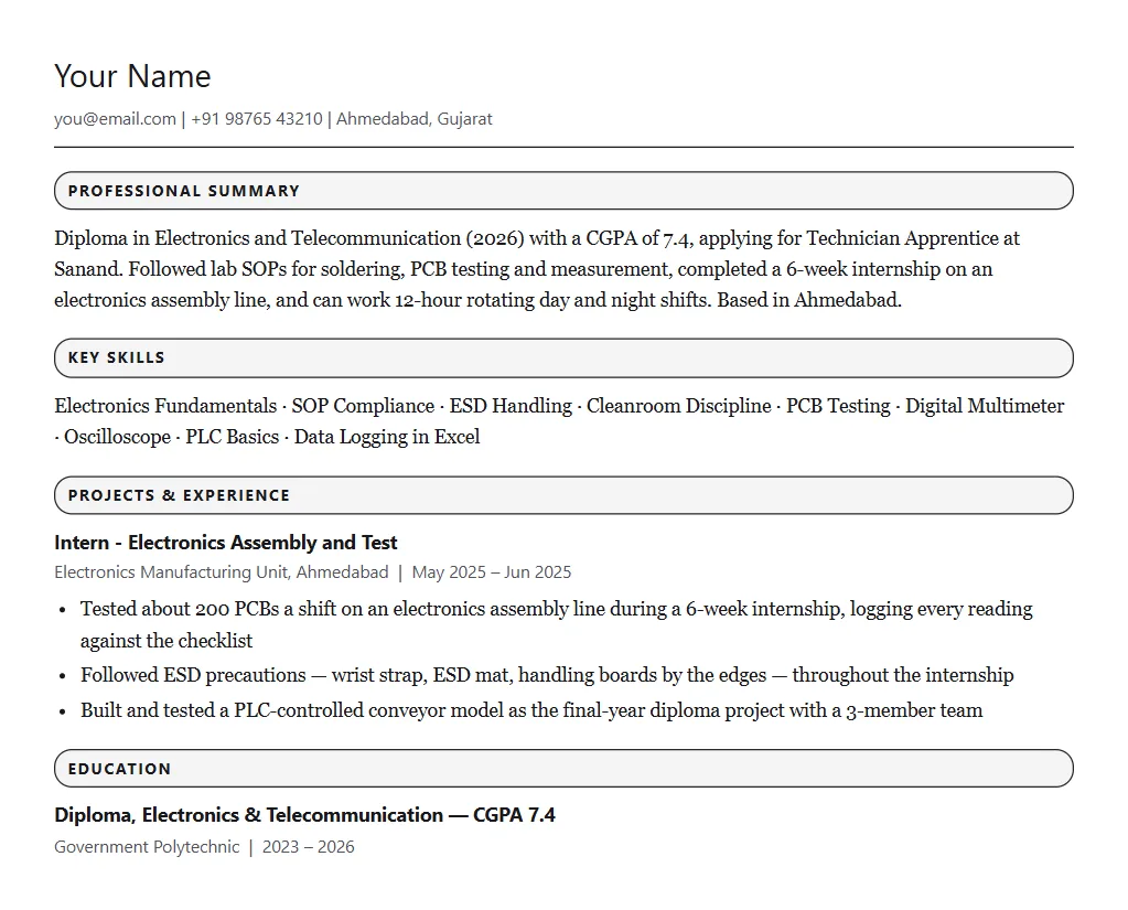 Sample resume for Micron India: filled one-page format