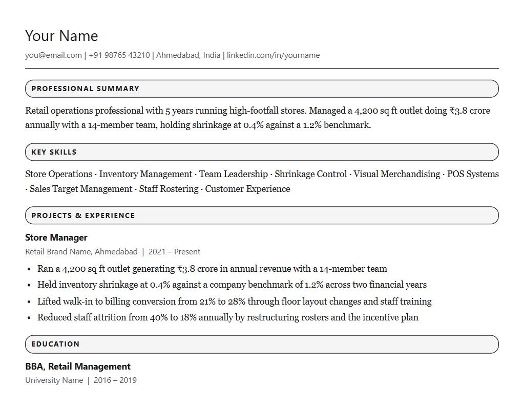 Sample resume for Reliance: filled one-page format