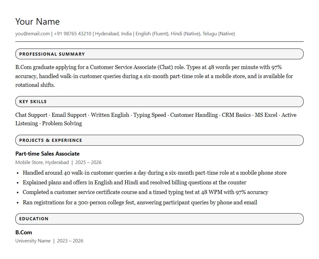Sample resume for Teleperformance — filled one-page format