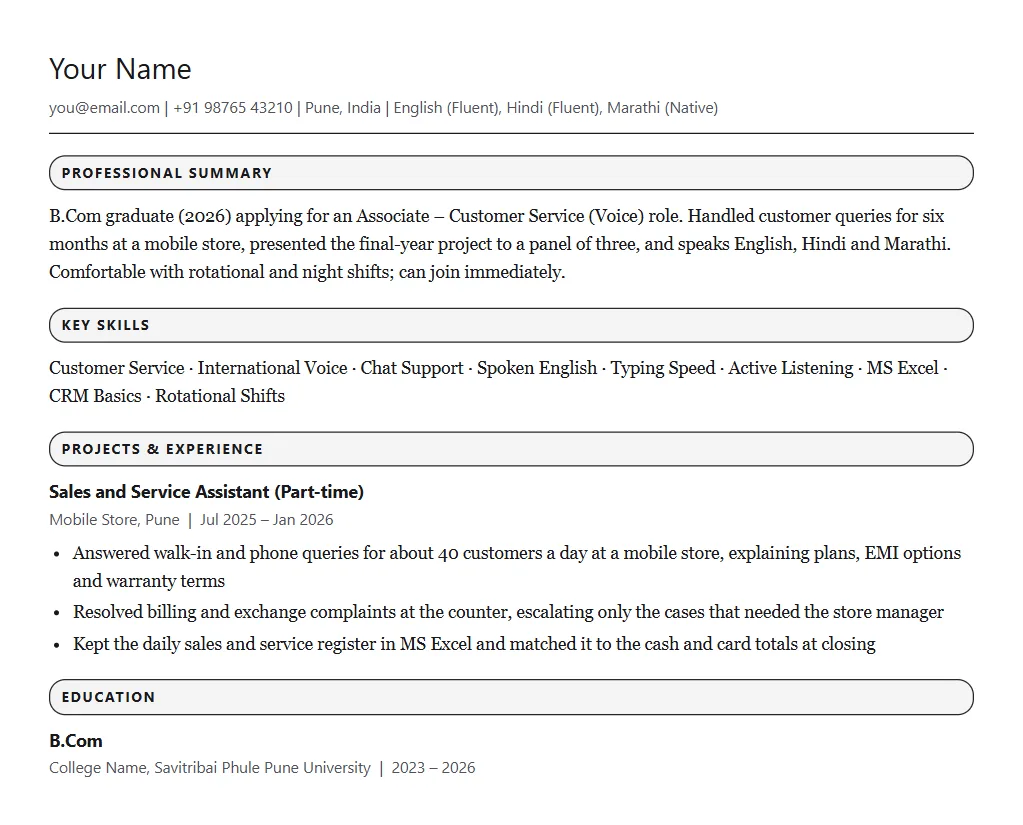 Sample resume for WNS: filled one-page format