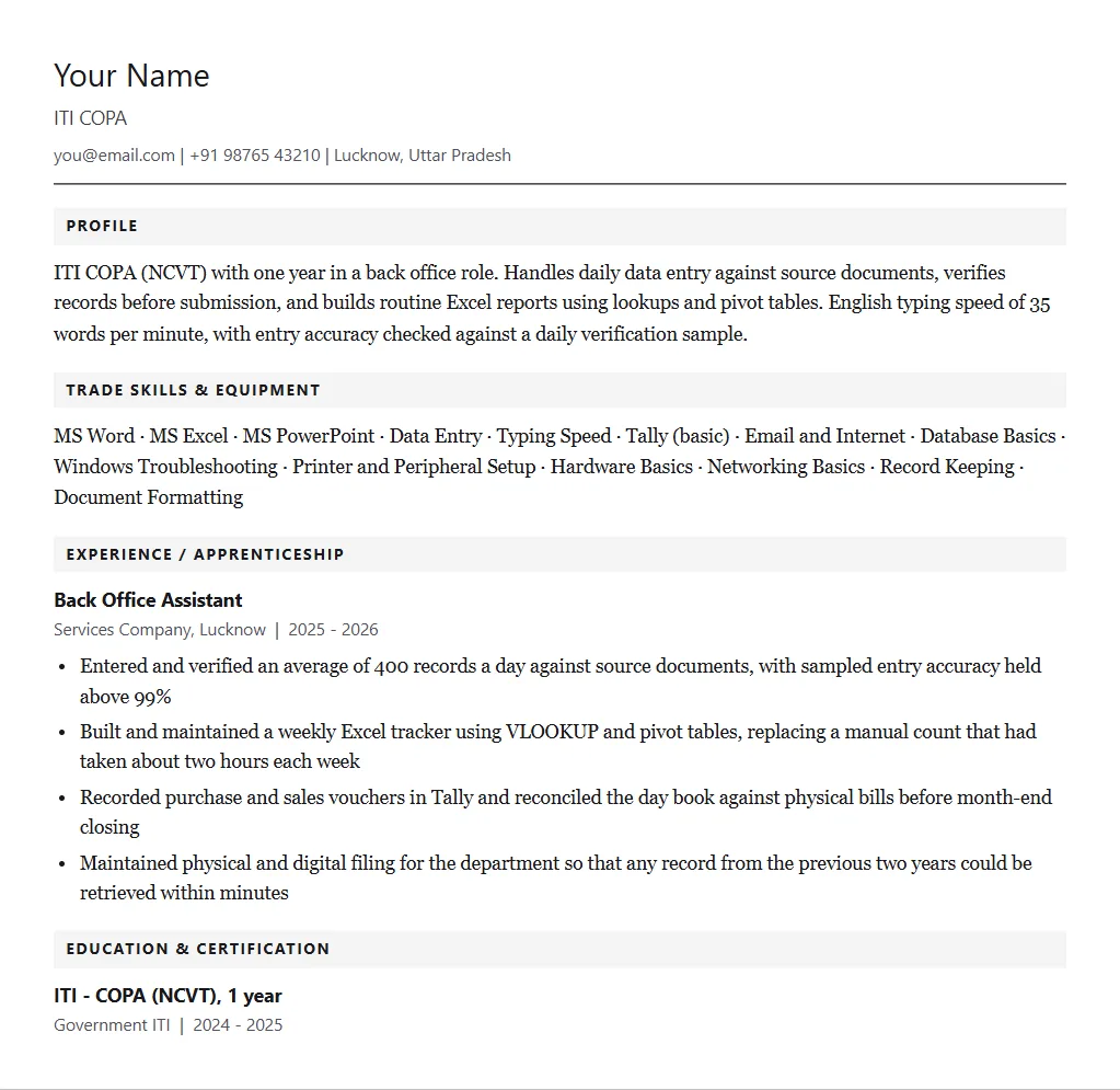 Sample ITI COPA resume format: filled one-page example