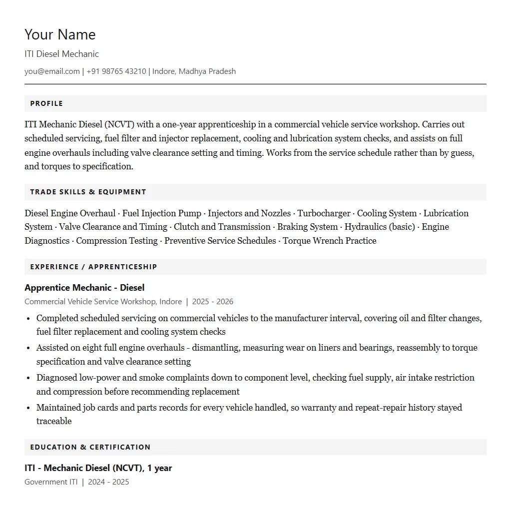 Sample ITI Diesel Mechanic resume format: filled one-page example