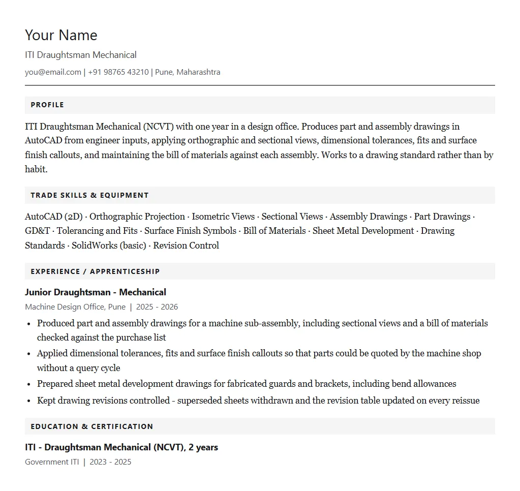 Sample ITI Draughtsman Mechanical resume format: filled one-page example