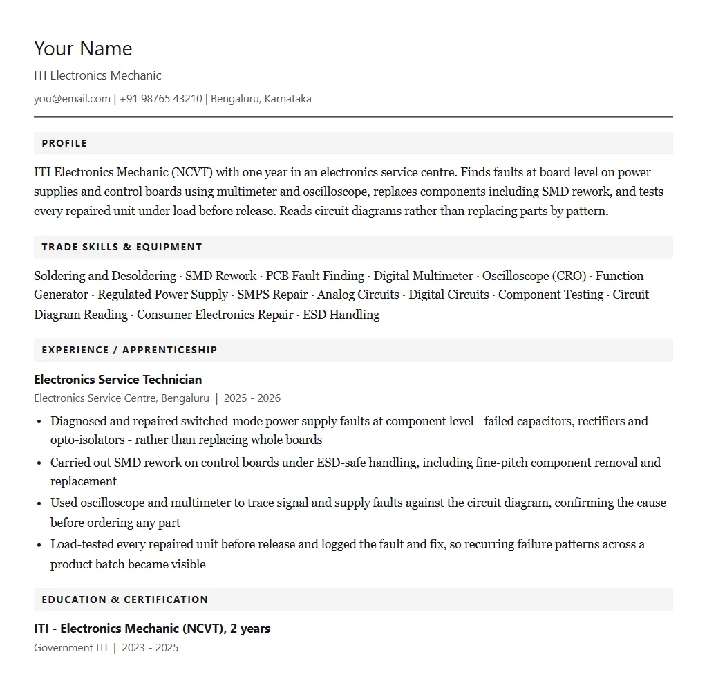 Sample ITI Electronics Mechanic resume format: filled one-page example