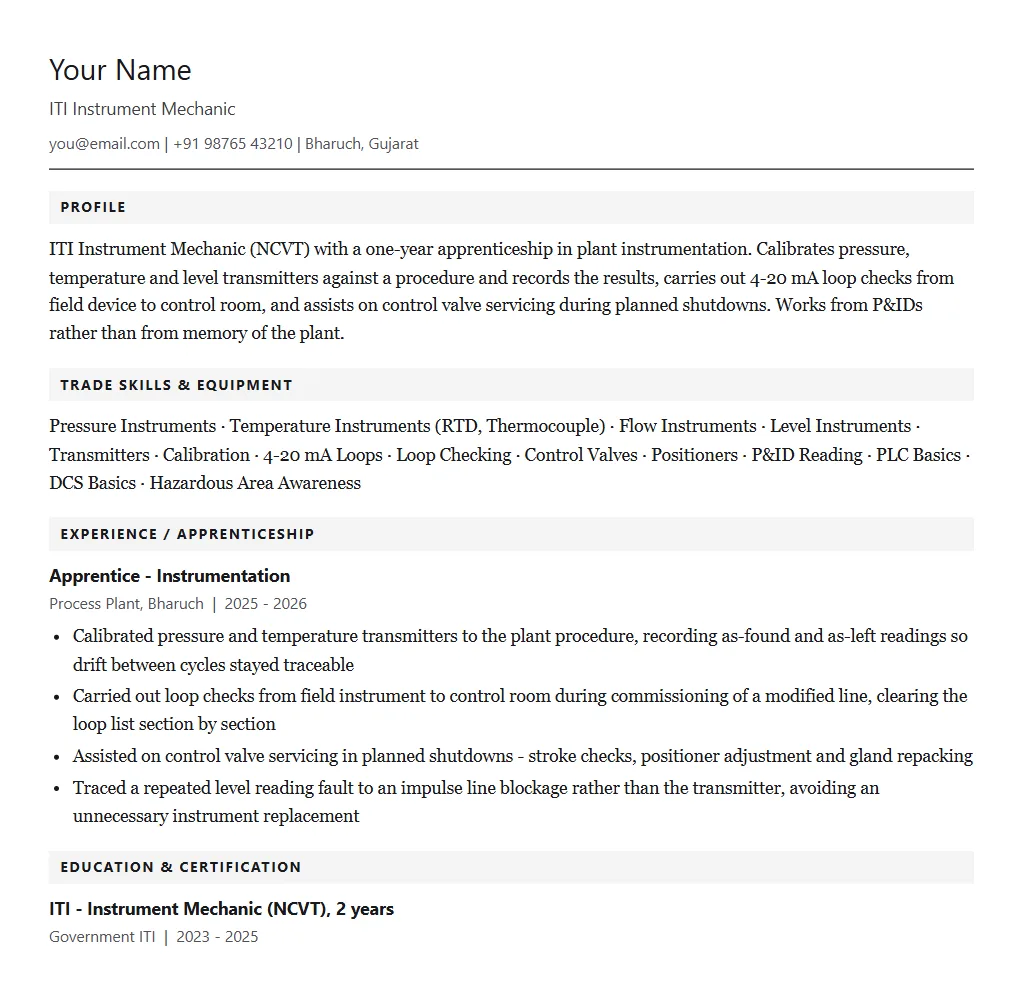 Sample ITI Instrument Mechanic resume format: filled one-page example