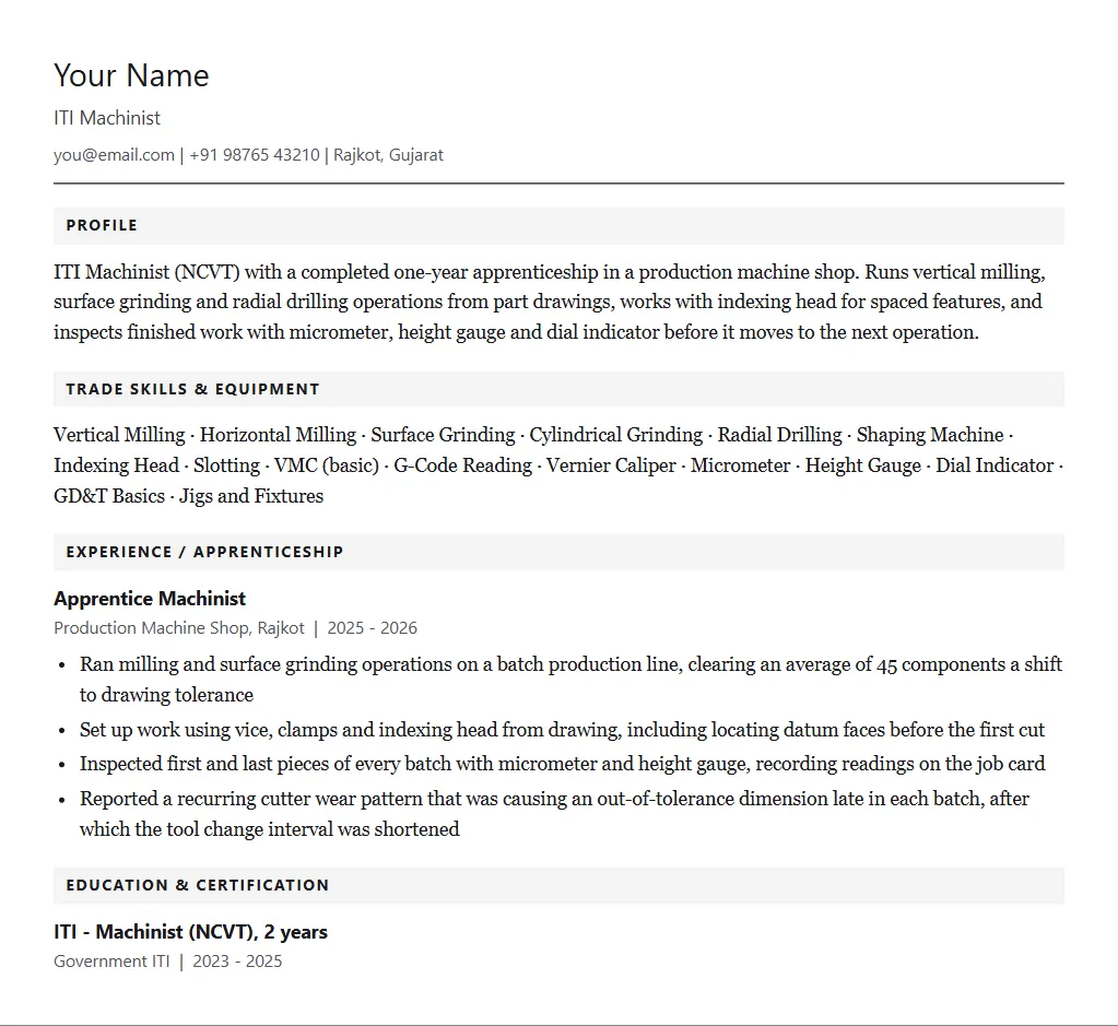 Sample ITI Machinist resume format: filled one-page example