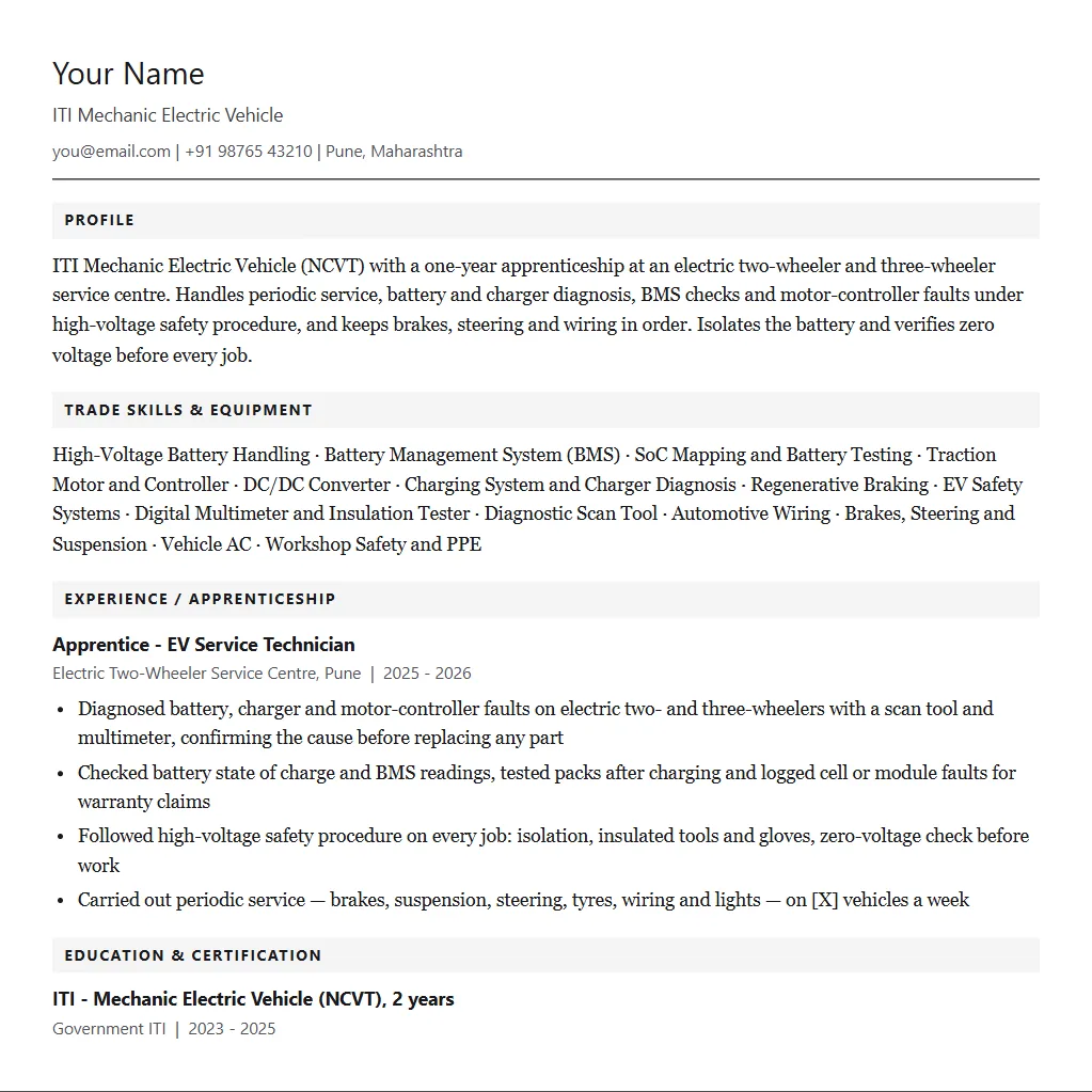Sample ITI Mechanic Electric Vehicle resume format: filled one-page example