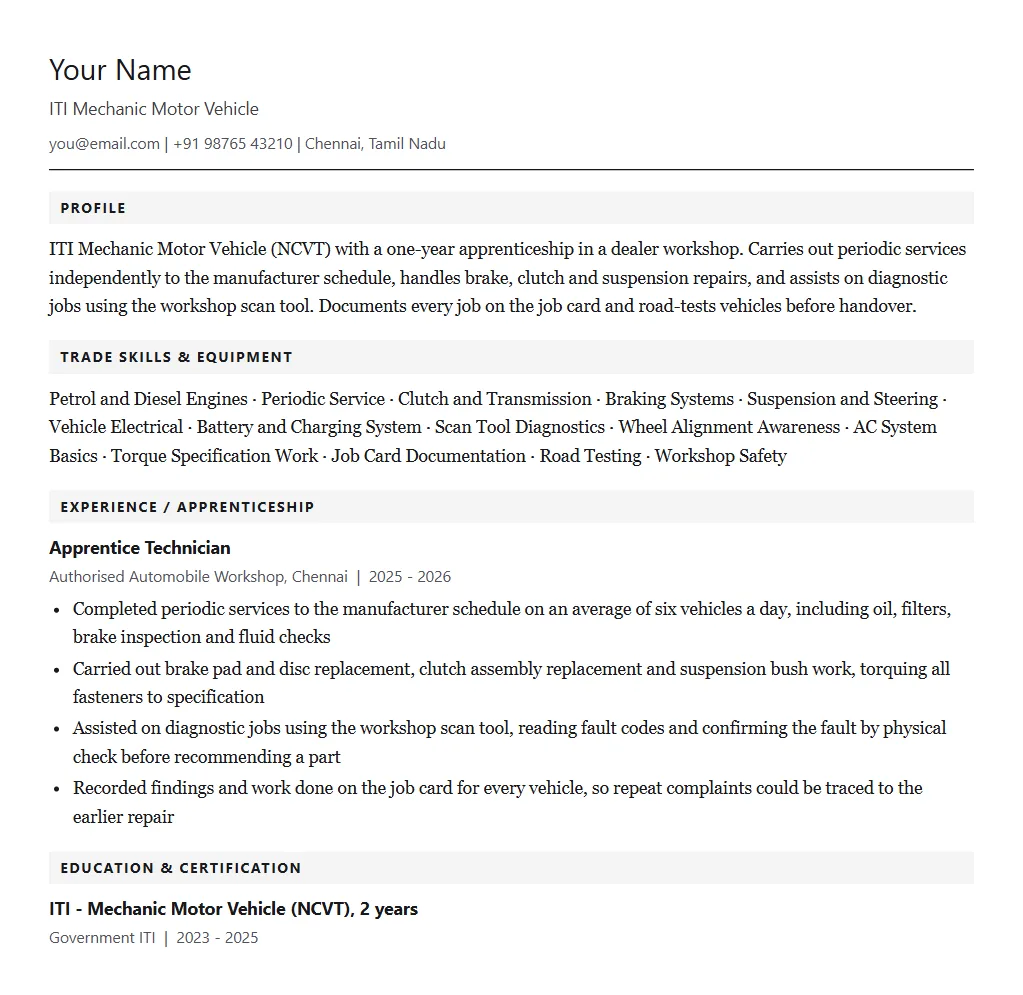 Sample ITI Mechanic Motor Vehicle resume format: filled one-page example