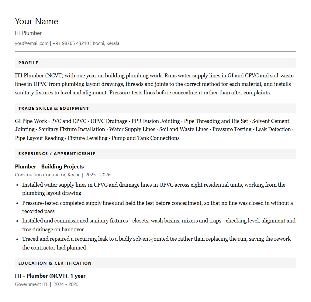 Sample ITI Plumber resume format: filled one-page example