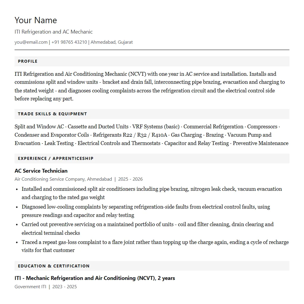 Sample ITI Refrigeration and AC Mechanic resume format: filled one-page example