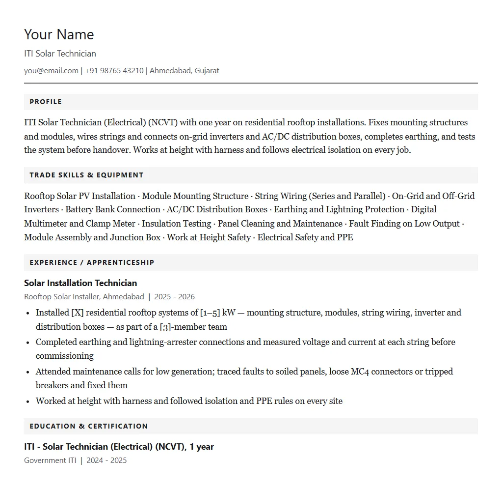 Sample ITI Solar Technician resume format: filled one-page example