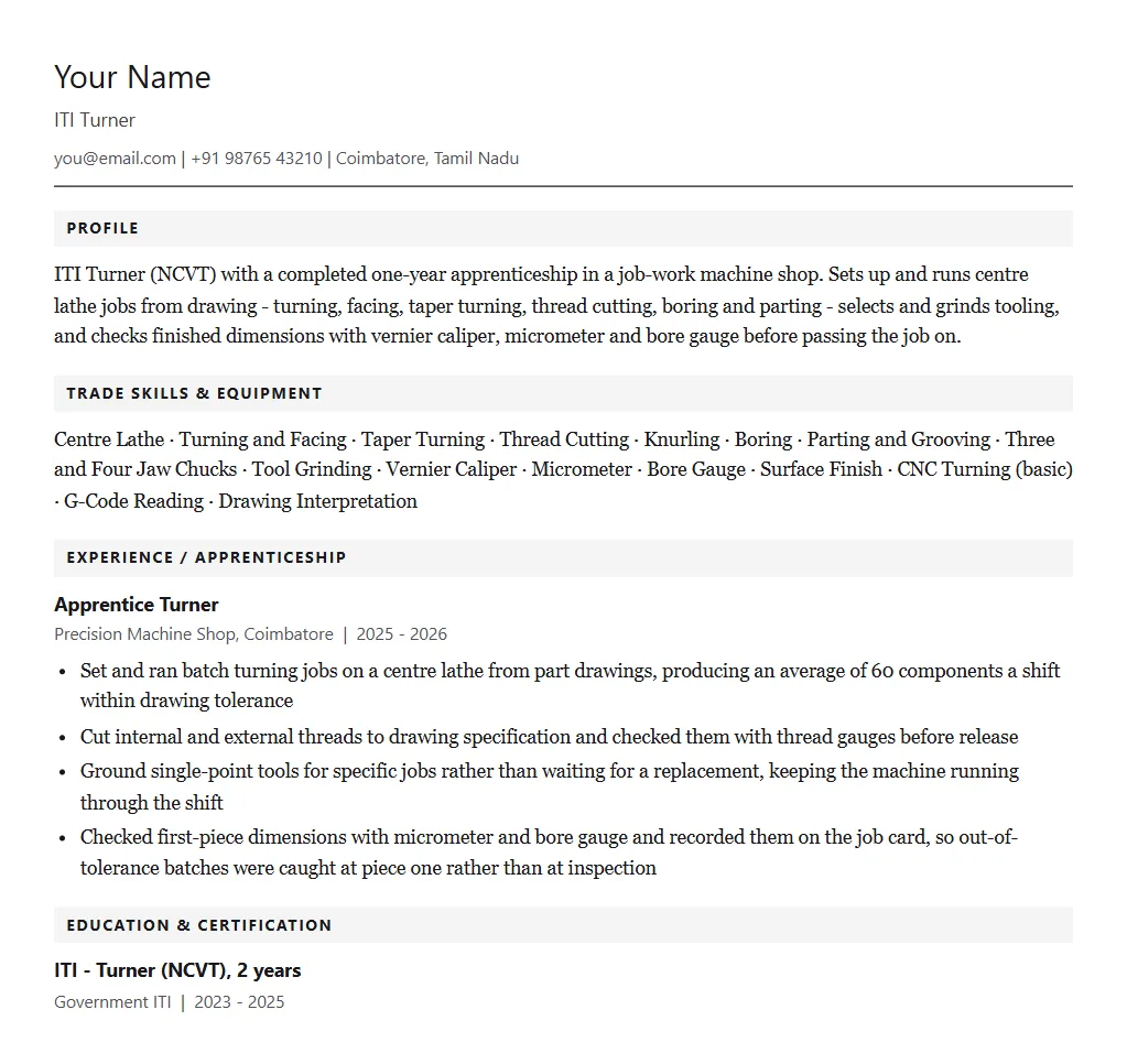 Sample ITI Turner resume format: filled one-page example